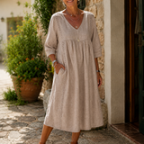 Patrícia | Vestido Largo em Linho e Algodão com Renda