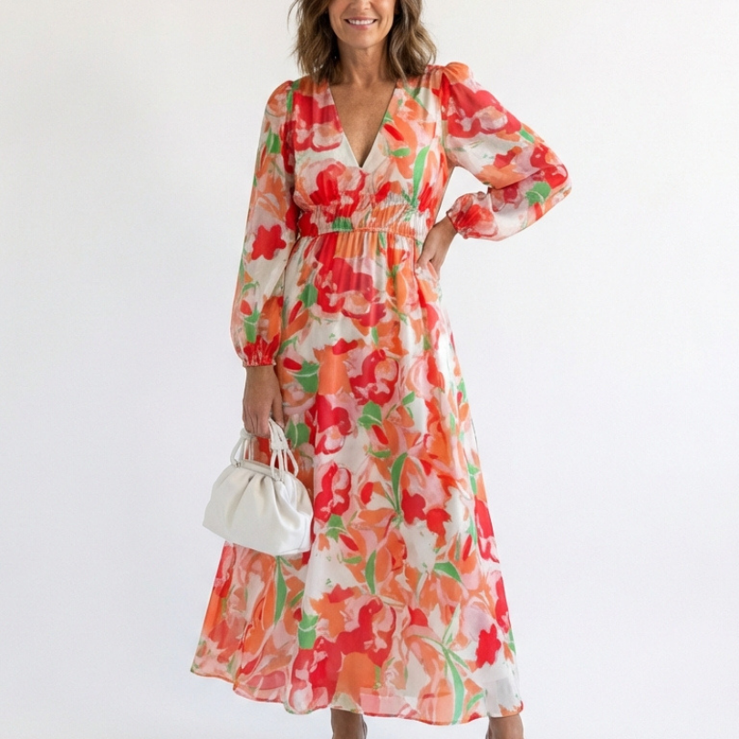 Camille | Vestido Maxi Florido com Mangas Longas