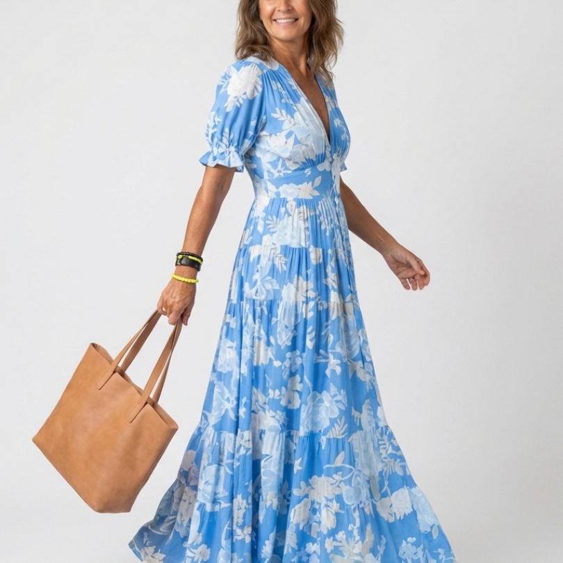 Juliette | Vestido midi com flores, mangas curtas e decote em V
