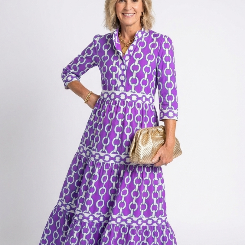 Pauline | Vestido midi de mangas três quartos e padrão de corrente