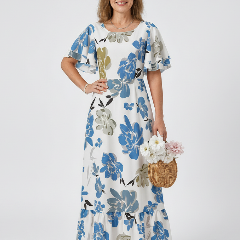 Nathalie | Vestido maxi de mangas curtas e decote redondo