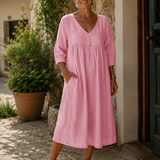 Patrícia | Vestido Largo em Linho e Algodão com Renda